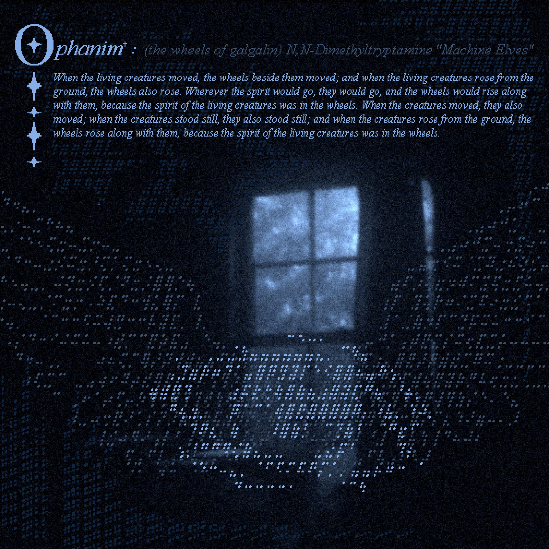 the cover art for Ophanim , a bible verse and ascii art of wings and eyes over a blue background of a window